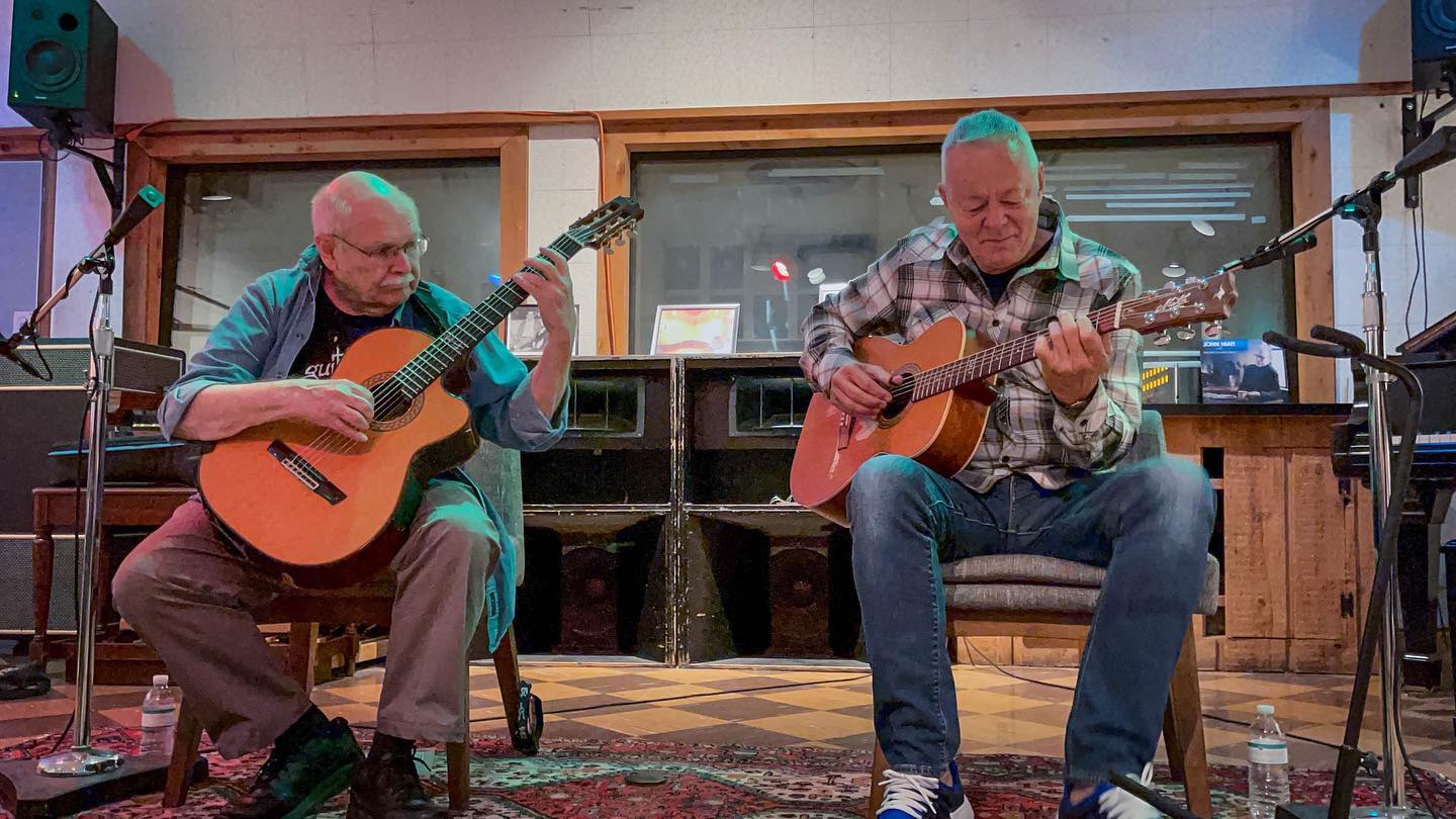 Two legendary CGPs together at @rcastudiob! This September, @tommyemmanuelcgp and @john.knowles.cgp were both instructors at Tommy Emmanuel’s Guitar Camp USA in Nashville, and we had a blast learning from them & watching them perform! Sign up for our mailing list so you don't miss the announcement for Guitar Camp USA 2022! Link is in our bio.